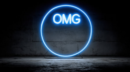 A captivating blue neon light sign displaying the text "OMG" in a circular design, set against a dark grunge background. Ideal for creative projects.の素材