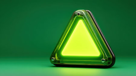 This image features an illuminated green triangle sign against a vibrant green background, emphasizing its sleek design and modern aesthetics.の素材
