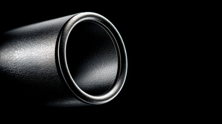 A close-up image showcasing a metallic cylinder with a smooth, textured surface set against a dark, minimalist background. This photograph highlights details and shadows, perfect for industrial or design themes.の素材