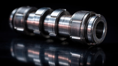 A detailed close-up shot of a precision metal component featuring a smooth surface and reflective qualities, set against a black background.の素材