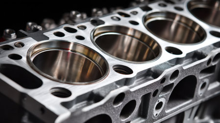 This close-up image showcases a precision-engineered engine block featuring smooth cylinder cavities and a high-quality metal finish, perfect for automotive visuals.の素材