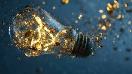 A mesmerizing glass light bulb filled with golden glitter captures the essence of creativity and innovation, set against a dark backdrop.の素材