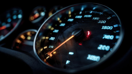 This close-up image captures a car dashboard showcasing a speedometer and fuel gauge with illuminated indicators, creating a dramatic effect in low light.の素材