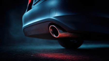 A stunning close-up photograph showcasing a car exhaust pipe with smoke, illuminated by dynamic red and blue lighting, highlighting its sleek design and modern automotive aesthetics.の素材