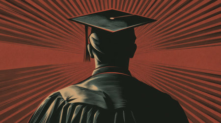 A striking silhouette of a graduate wearing a cap, set against a vibrant background that embodies hope and ambition for the future.の素材