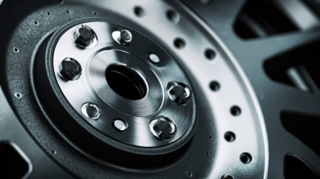 A detailed close-up image of a modern car brake disc, showcasing the smooth finish and intricate details of the bolt fasteners for automotive enthusiasts.の素材