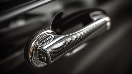 A captivating close-up shot of a sophisticated car door handle, showcasing carbon fiber along with chrome accents. The design highlights luxurious craftsmanship and modern aesthetics in automotive detail.の素材