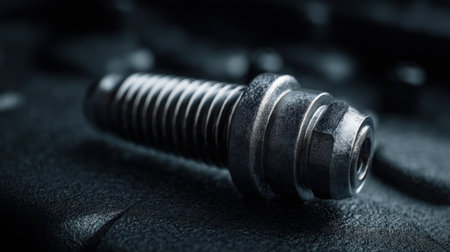 A close-up view of a steel bolt showcasing its detailed threads against a dark background. This image captures the essence of industrial design and craftsmanship, perfect for engineering and mechanical projects.の素材