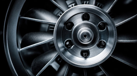 This striking close-up image showcases a modern engine turbocharger turbine wheel, highlighting its intricate design and metallic finish. The detailed blades reflect light, offering a glimpse into advanced automotive technology.の素材