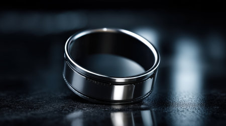 A sleek polished silver ring rests on a dark reflective surface, creating an elegant visual with soft focus detail. Perfect for jewelry and fashion concepts.の素材