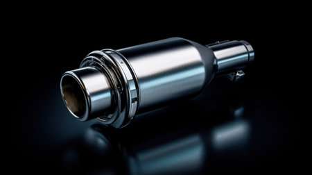 A close-up view of a sleek automotive exhaust component showcasing a modern design with reflective surfaces against a dark backdrop.の素材