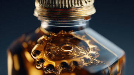 A captivating close-up of a glass bottle featuring an intricate design filled with amber liquid. The dark background enhances the elegant look, perfect for showcasing luxury beverage or pottery.の素材