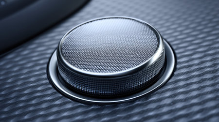 This image features a close-up view of a metallic control knob with a textured surface set against a sleek dashboard design, exemplifying modern automotive technology.の素材