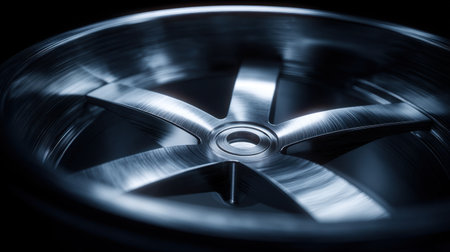 This detailed close-up photograph features a polished silver alloy wheel showcasing intricate reflections and textures. Ideal for automotive themes.の素材