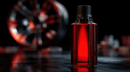 A sleek bottle filled with vibrant red liquid stands prominently against a blurred background, highlighting design elements and mood.の素材
