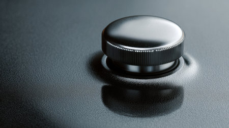 This close-up image showcases a black metal knob on a smooth surface, highlighting its detailed craftsmanship and unique reflection.の素材