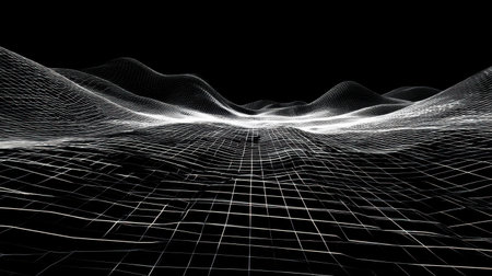 This captivating digital artwork showcases an abstract landscape featuring a wireframe structure against a striking black background, ideal for various creative projects.の素材