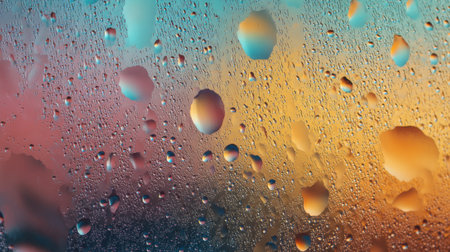 This image features vivid water drops resting on a glass surface, with a stunning blend of colors in the background, creating a dreamy, atmospheric effect.の素材