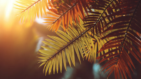 Exquisite close-up of vibrant tropical leaves illuminated by the warm glow of sunset, capturing the essence of nature's beauty and tranquility.の素材