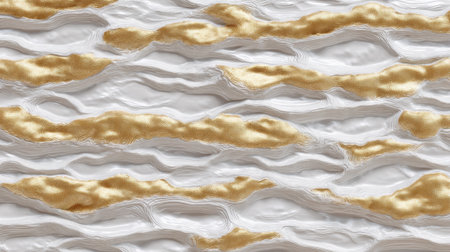 Sophisticated abstract texture featuring wavy gold and white patterns, perfect for backgrounds, designs, or artistic projects.の素材
