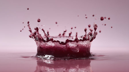 This stunning image captures a vibrant splash of liquid against a soft pink background, showcasing dynamic droplets and intricate patterns. Ideal for designs.の素材