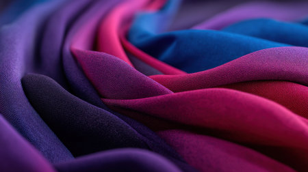 Close-up of vibrant fabric in rich hues, displaying elegant waves and smooth textures, perfect for design inspiration and creative projects.の素材