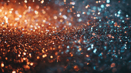 This vibrant image captures a stunning glitter background with a bokeh effect, combining warm orange and cool blue tones, perfect for artistic and creative projects.の素材