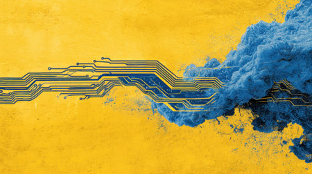 Capture the essence of innovation with this abstract image featuring blue smoke and circuit lines against a vibrant yellow backdrop. Ideal for tech-related projects.の素材