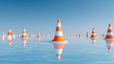 A peaceful scene featuring numerous orange and white traffic cones floating gracefully on calm water, reflecting the clear sky. Ideal for creative projects.の素材