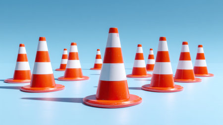 A collection of vibrant orange and white traffic cones is displayed artistically on a light blue background, emphasizing safety in construction environments.の素材
