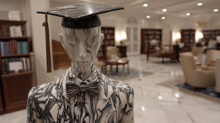 A striking sculpture dressed in graduation attire stands in a beautifully designed library, showcasing a blend of art and education. The setting features elegant furniture and a serene atmosphere, perfect for intellectual pursuits and inspiration.の素材