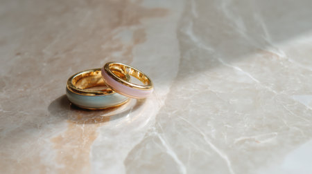 Two elegant wedding rings with pastel tones rest on a polished marble surface, illuminated by soft natural light, symbolizing love and commitment.の素材