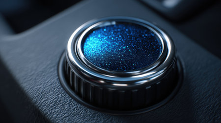 This image features a close-up of a control knob showcasing a striking metallic blue finish with a sparkling texture, perfect for automotive discussions.の素材