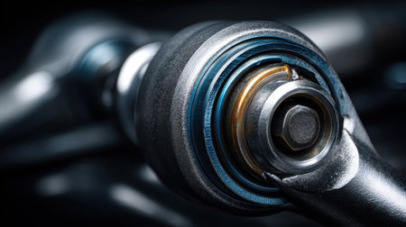 This close-up image highlights a precision automotive suspension component, showcasing intricate design and industrial elegance. Perfect for mechanics and engineering themes.の素材