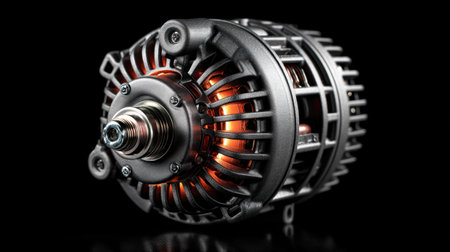A captivating close-up image of an automotive alternator, showcasing its intricate design and detailed engineering. The vibrant red lighting contrasts with the black background, highlighting the component's complex structure, which plays a crucial role in automotive power generation.の素材