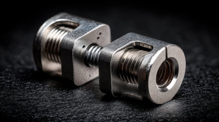 This image showcases a close-up view of a metallic adjustable nut and bolt, highlighting its precision design and durability on a dark background.の素材