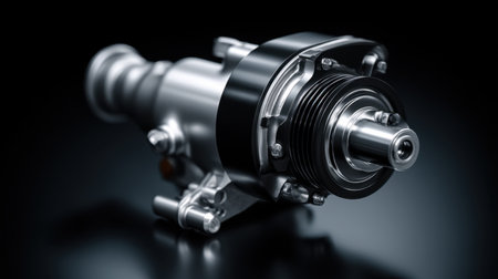 This high-resolution image showcases a precision-engineered engine component, emphasizing its metallic structure and mechanical details for automotive applications.の素材