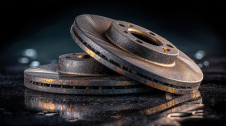 Stunning close-up image of high-quality car brake rotors showcasing intricate details and shiny surface. Perfect for automotive themes.の素材