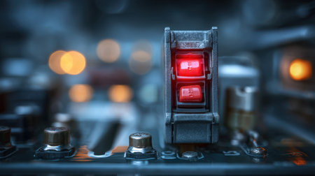 A striking close-up of a red power switch on a control panel, featuring blurred background lights and intricate electronic components. Perfect for technology themes.の素材