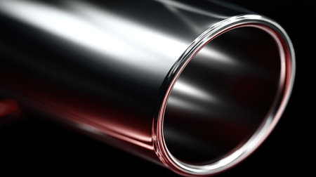 Close-up view of a polished metallic cylinder reflecting light against a dark background, showcasing intricate textures and a modern industrial aesthetic. Ideal for creative projects.の素材