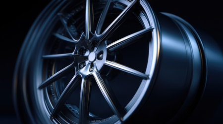 This stunning close-up showcases a glossy alloy car wheel with intricate designs, reflecting light in a dark studio setting, emphasizing modern engineering and style.の素材