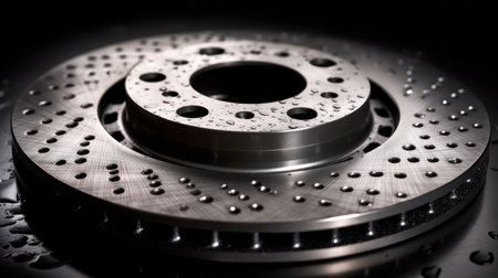 A high-quality close-up image of an automotive brake disc featuring water droplets on a sleek black background, showcasing intricate details and reflections.の素材