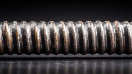 This close-up image captures a metal screw showcasing detailed threads and a rusty texture against a dark background, ideal for industrial themes.の素材
