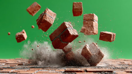 A dynamic scene of bricks falling and crashing onto a surface creates a cloud of dust against a vivid green background. The image captures motion and impact.の素材