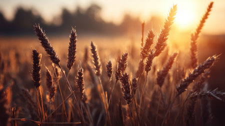A breathtaking sunset illuminates a golden wheat field, showcasing the beauty of nature with warm tones and serene vibes. Perfect for rural themes.の素材