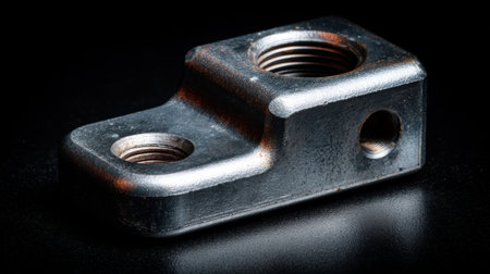 Close-up of a metallic component featuring a threaded hole against a dark background, ideal for industrial and engineering applications.の素材