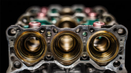 A detailed close-up of a metal engine component showcases intricate designs and precision engineering. This image captures the essence of automotive technology and innovation.の素材