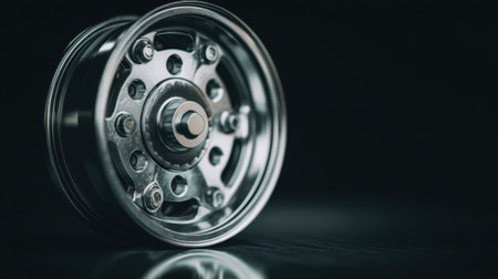This close-up image showcases a metallic wheel with a smooth reflective surface, highlighting intricate details against a dark background. Perfect for automotive themes.の素材