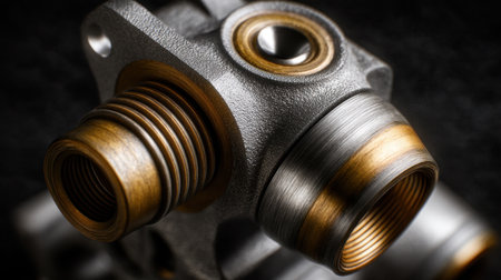 This close-up image captures the intricate details of a precision mechanical component, showcasing the quality and craftsmanship involved in modern engineering.の素材