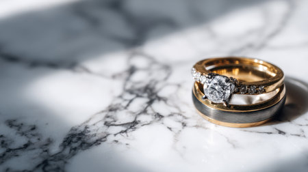 A beautiful arrangement of elegant wedding rings featuring a sparkling diamond and unique metal designs on a marble surface. Perfect for love and celebration themes.の素材